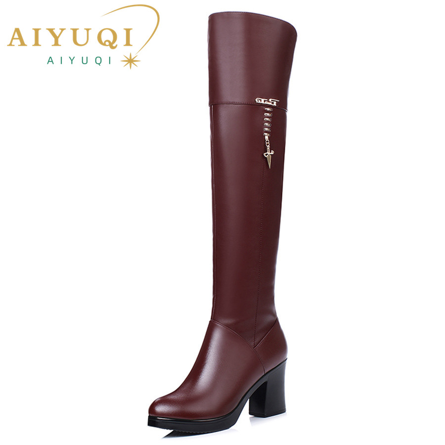 Women's Knee Length Boots 2024 New Genuine Leather Long Boots Women Winter Fur Knee Boots High Heel Women Motorcycle Boots