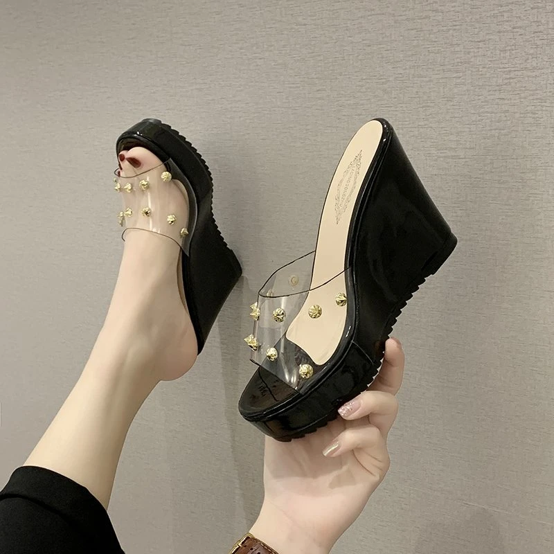 2025 new Clear Pvc Eraser Open Toe Cane Straw Platform Wedge Flip p Sandals Fashion Women's High Heels Plus Size bc79
