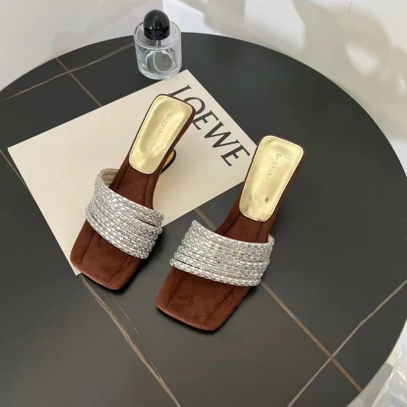 Summer Square Head Fashion Rhinestones with Suede Temperament High Heels Flip-flops with Slippers