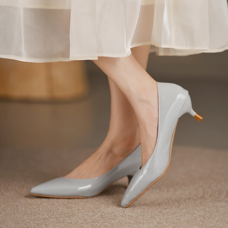 Grey Patent Leather Low Heels Stiletto Women Simple Comfort Work Shallow Mouth Pointed Casual Shoes Fashion Pumps c097