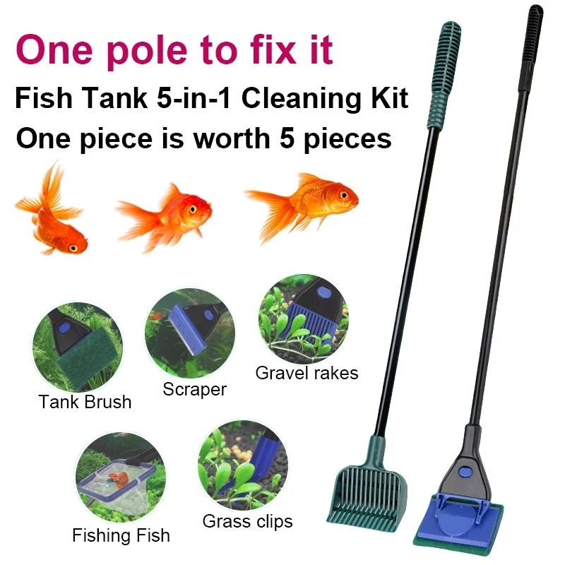 Fish Tank Cleaning Tools 5 in 1 Set Non-slip Long Handle Brush Fishing Net Plant Clips Accessories Aquarium Pet Products