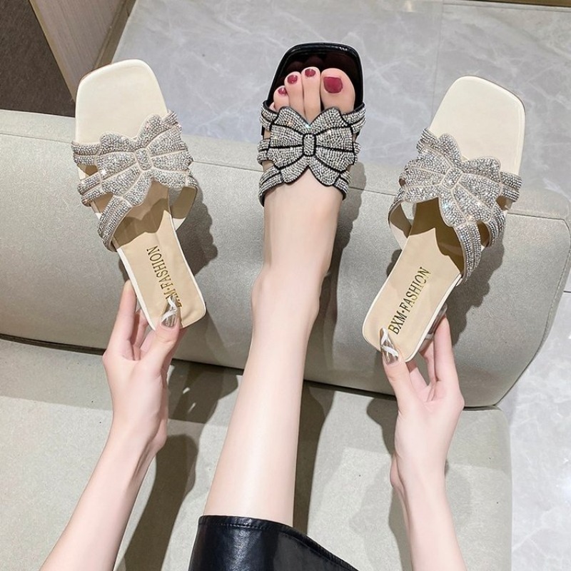 Italian with Rhinestone Shoes for Women 2024 Designer Low Heels SlipOn Party Pumps Sandals