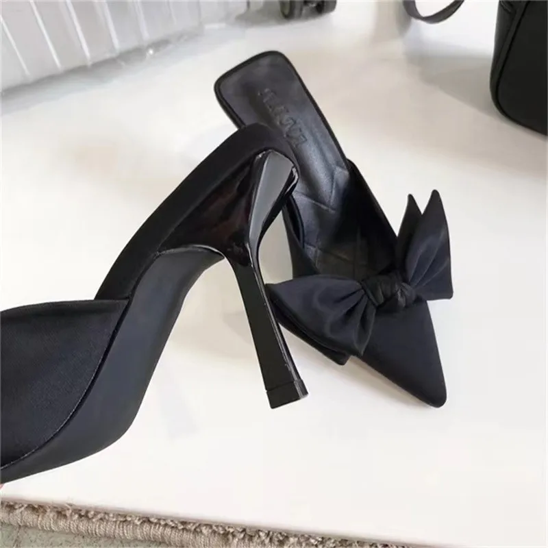 Style Butterfly-knot Mules Women Slippers Elegant Pointed Toe Thin High Heels Ladies Summer Fashion Party Prom Shoe2024