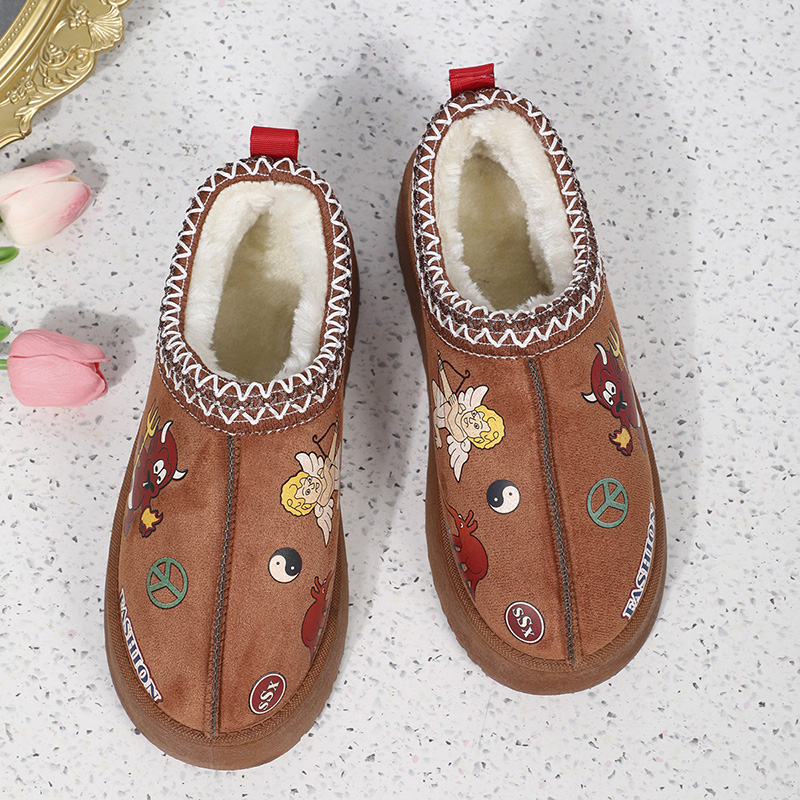 Warm Women Thick Fluff Snow Boots Cute Cartoon Pattern Print Platform Ankle Botas Casual Short Plush Flat Shoes Autumn Winter fcee