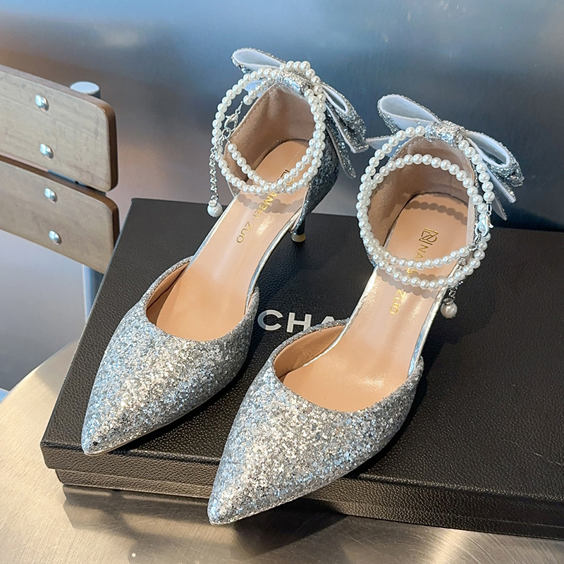 Black Pointy Women Sequin New Bow High Wedding Shoes Female Designer Elegant Pearl Party Sandals Dress Dance Sexy Heels