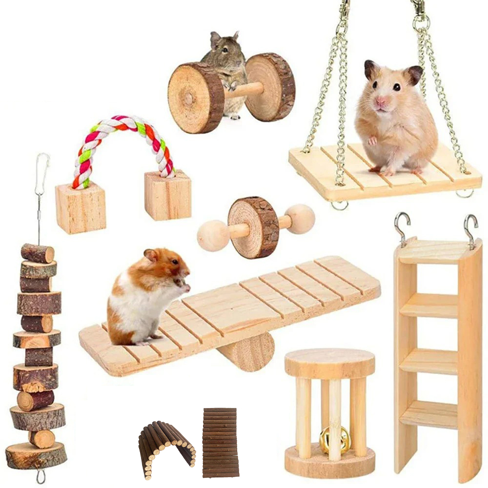 Cute Rabbit Roller Toys Natural Wooden Pine Dumbells Unicycle Bell Chew Toys for bird Guinea Pigs Rat Small Pet Molars Supplies
