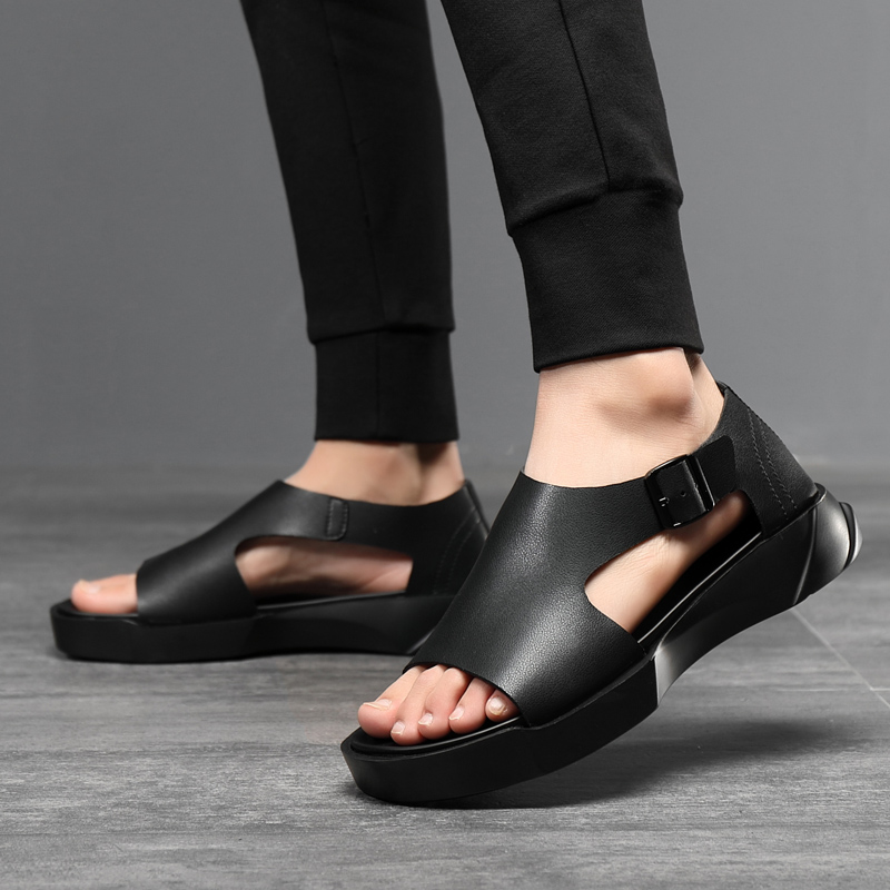 New White Black Cow Spilt Leather Men Sandals Platform Summer Roam Men Shoes Trendy Casual High Top Young Fashion Men Shoes