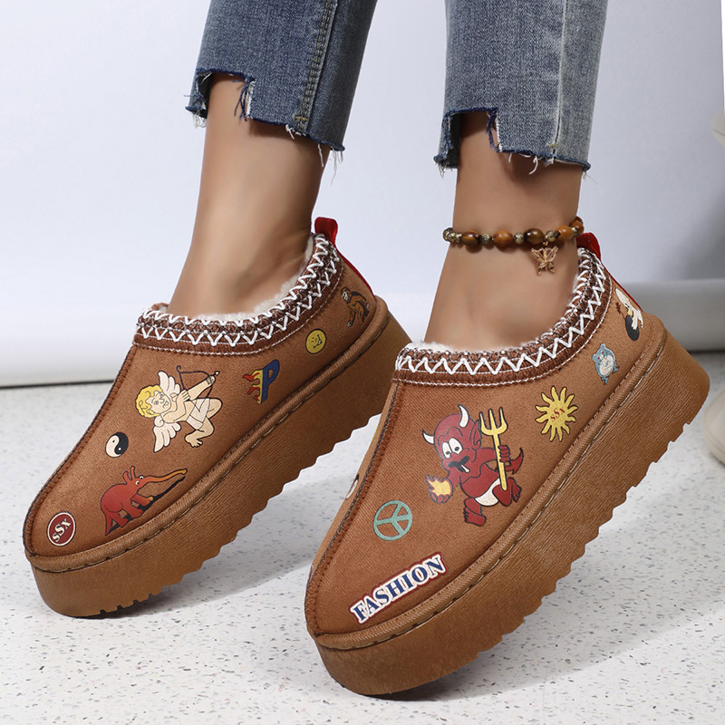 Warm Women Thick Fluff Snow Boots Cute Cartoon Pattern Print Platform Ankle Botas Casual Short Plush Flat Shoes Autumn Winter fcee