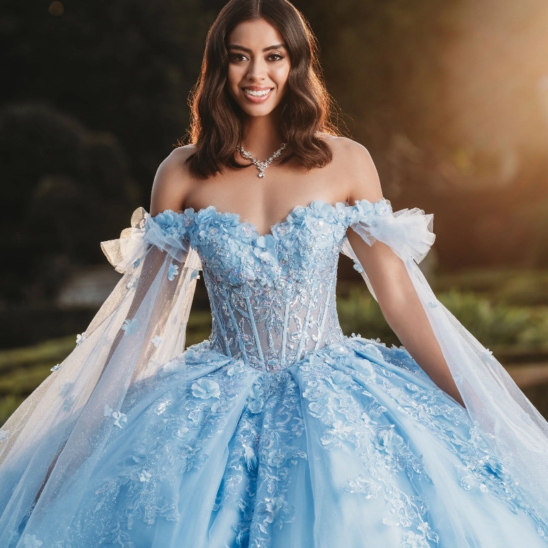 2024 Shiny Quinceanera Dresses With Cape Ball Gown Applique Lace Beading Tulle Lace-Up Backless Party Princess Sweet 16 Dress