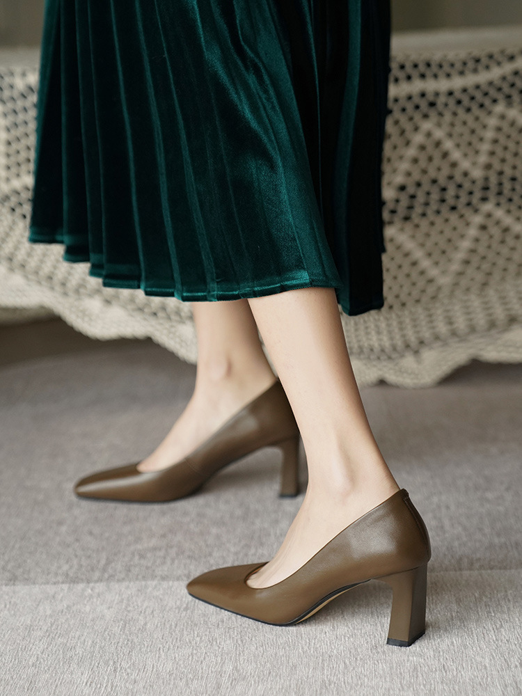 Women's Chunky High Heel Elegant Pumps Spring/Autumn New Classic Square Toe French Retro Casual Professional Shoes Lady Slip-On 725b