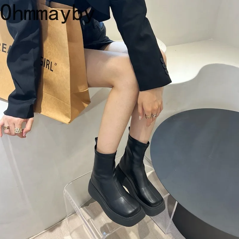 Chunky Winter For Women Square Toe Shoes Fashion Slip On Platform Thick Sole Short Boots 2024 Ladies Ankle Booties 2907