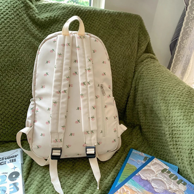 Korean Student School Backpack Floral White Bags For Teenage Girls Cute Womens Book Pack Nylon Rucksack 240903