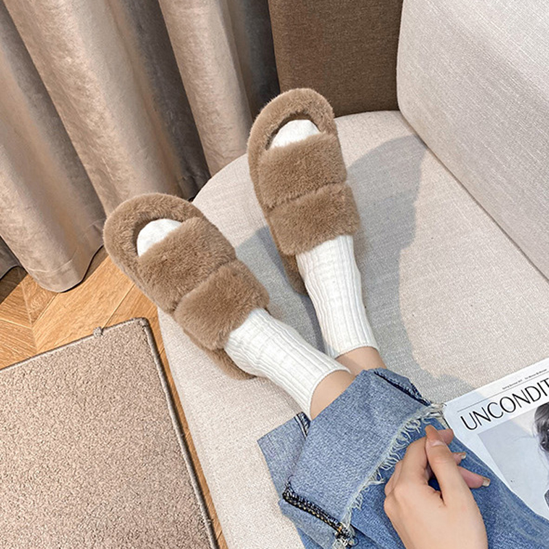2025 Winter Rabbit Fur Slippers Women Furry Band Pantuflas Shoes Ladies House Slides Fluffy Platform Babouche Femmes e4bf