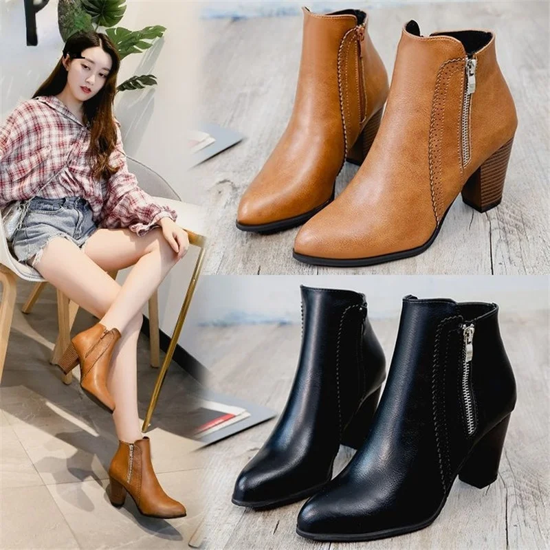 Fashion Ankle PU leather High heel 8cm Ladies shoes Side Zipper Short Boots for Women Shoes 2024 031d