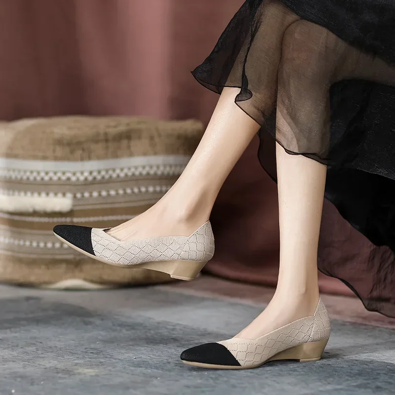 Women Wedge Increase Knitting New Pointed Casual Slip on Comfortable Loafers Female Breathable Walking New Shoes 2024 ff94