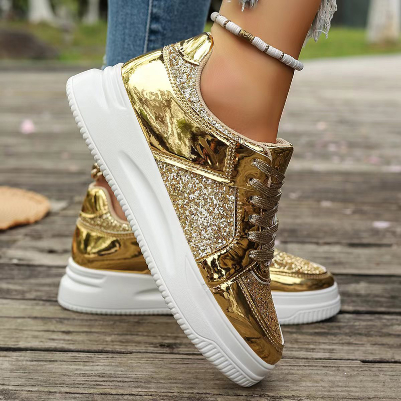2025 new Women's Stylish Gold Sier Sequins Platform Sneakers Autumn Low Tops Thick Bottom Vulcanized Woman Flat Heels Shoes c70a