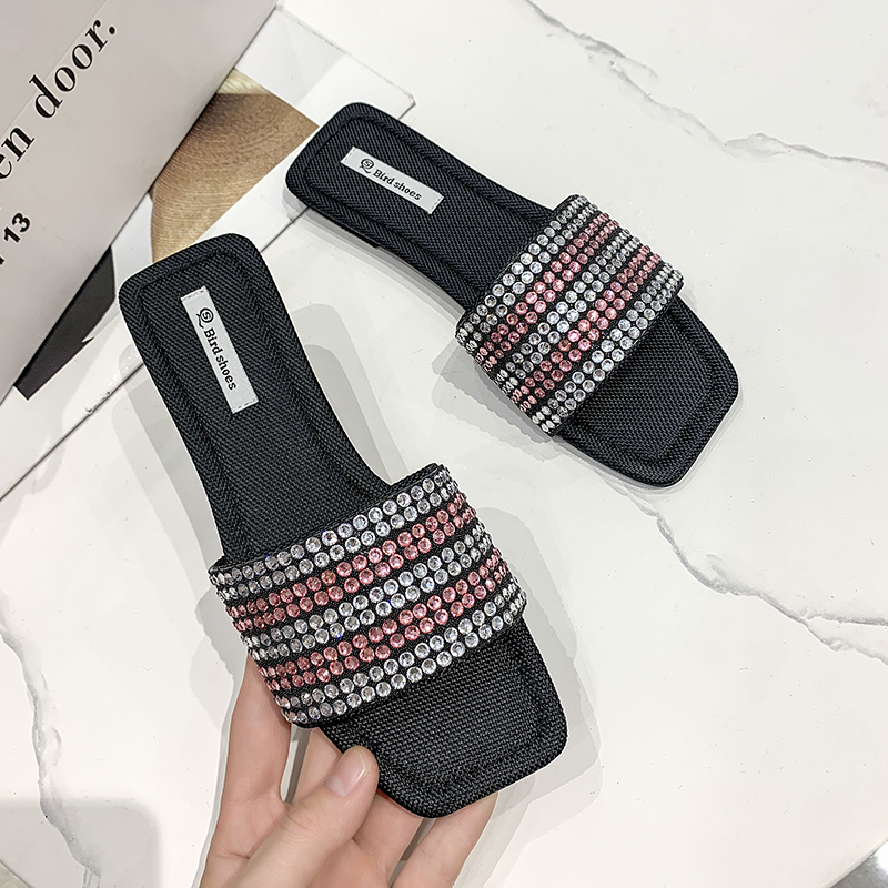 shiny designer crystal slippers women flat heel outdoor slides summer shoes bg sandalias open toe glitter flip ps afcd