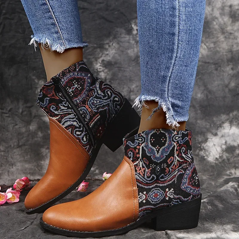 Women Retro Mid Heels Pointed Casual Ankle Boots Ethnic Autumn Flower Patterned Patchwork Short Boots Botas Mujer Booties Shoes