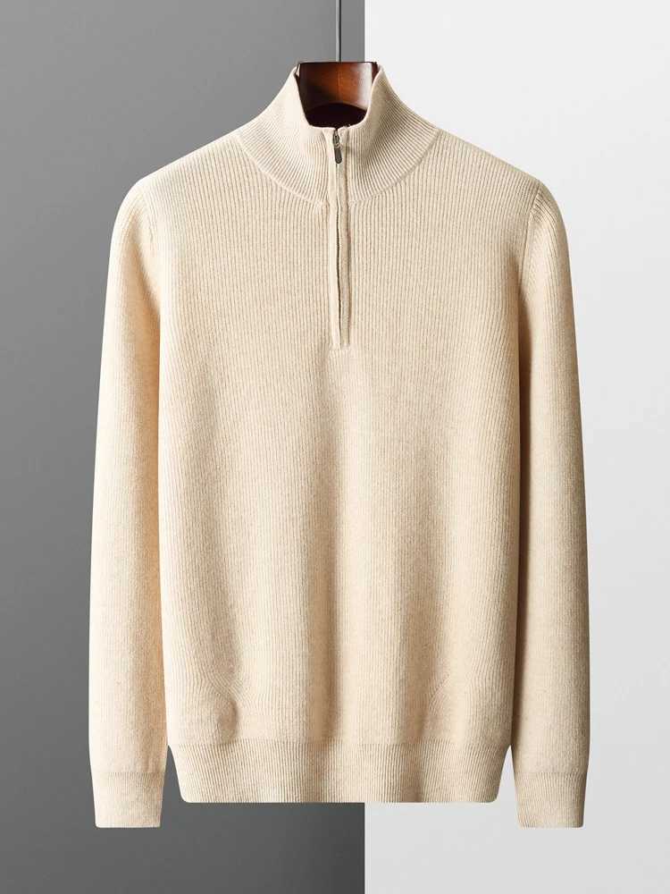 Autumn Winter Men Cashmere Sweater Pullover Mock Neck Zippers Thick Striped 100% Merino Wool Knitwear Casual Color block Clothes M240903