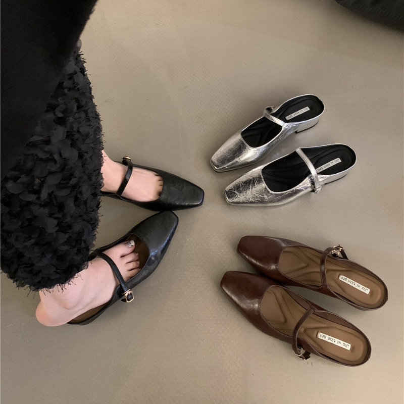 Design Sier Women Mary Jane Half New Slippers Pointed Toe Sandals 2024 New Flip ps Summer Casual Dress Mules Flats Shoes Slides f05f