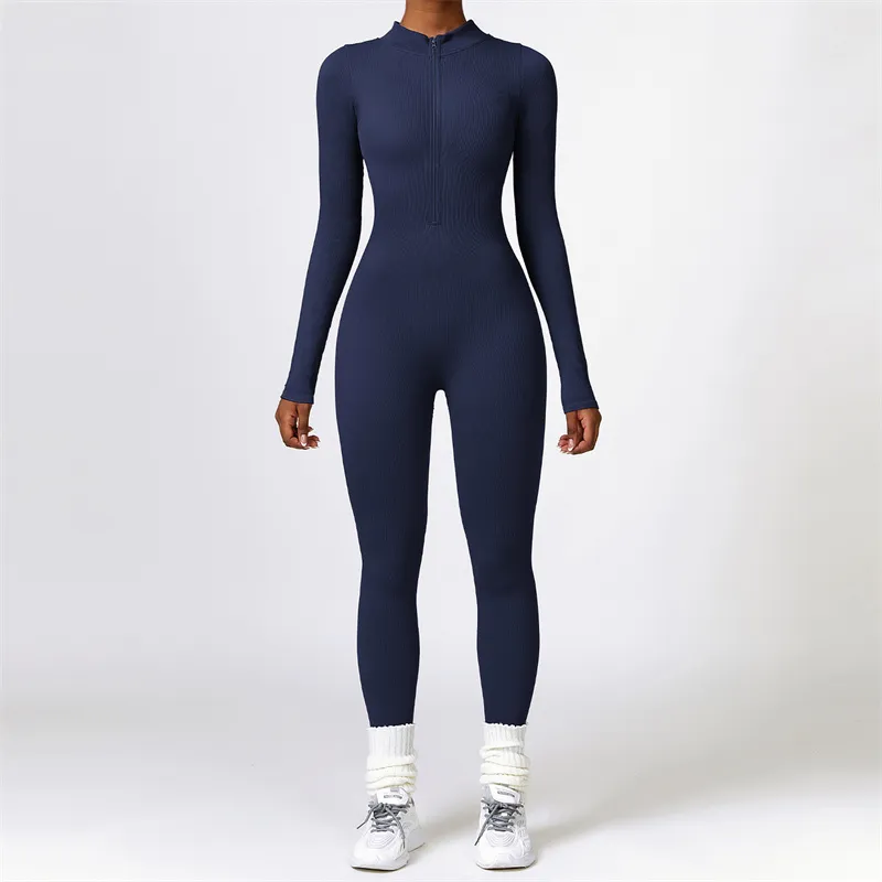 LM6953 Women Yoga Jumpsuits Outfits Long Sleeve Ribbed Close-fitting Dance Bodysuit Long Pants Breathable Leggings Autumn Set 01