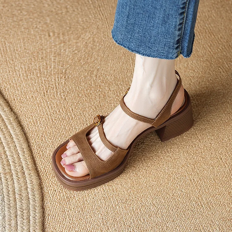 Sandals Women Handmade Vintage Square Toe Tuckle Strap Shoes New Lady Summer Beach Casual Pumps 2024 9807