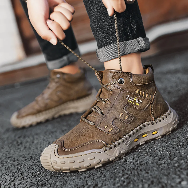Microfiber Leather Outdoor Sports Non-slip High-top Hiking Shoes for Men Optional Plush Winter Ankle Boots Big Size33 f814