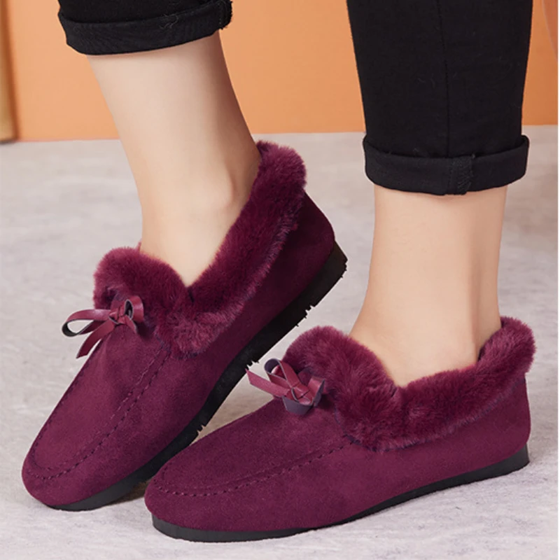 2025 new Winter Women Casual New Moccasins Soft Flat Non-slip Loafers Fashion Comfort Warm Plush Bow Slip on Female Cotton Shoes 06d9 Cott zhanyisheng
