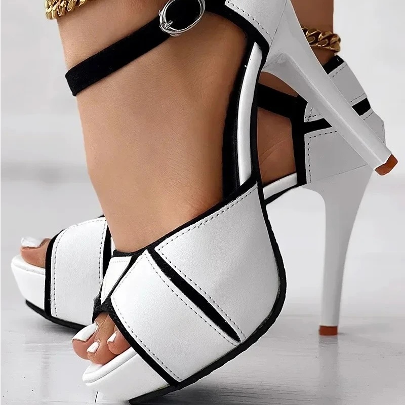 2025 new Women's Colorblock Sandals Peep Toe Platform Pumps Summer Fight Color Fish Mouth High Sexy Thin Heels Dress Shoes f0b0