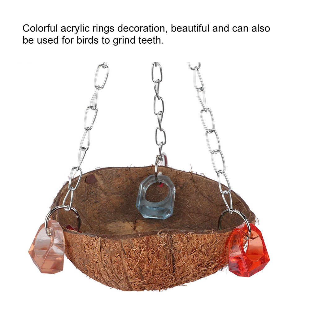 Pet Birds Toy Squirrel Coconut Shell Hanging Basket Sling With Acrylic Rings For Parrot Hammock