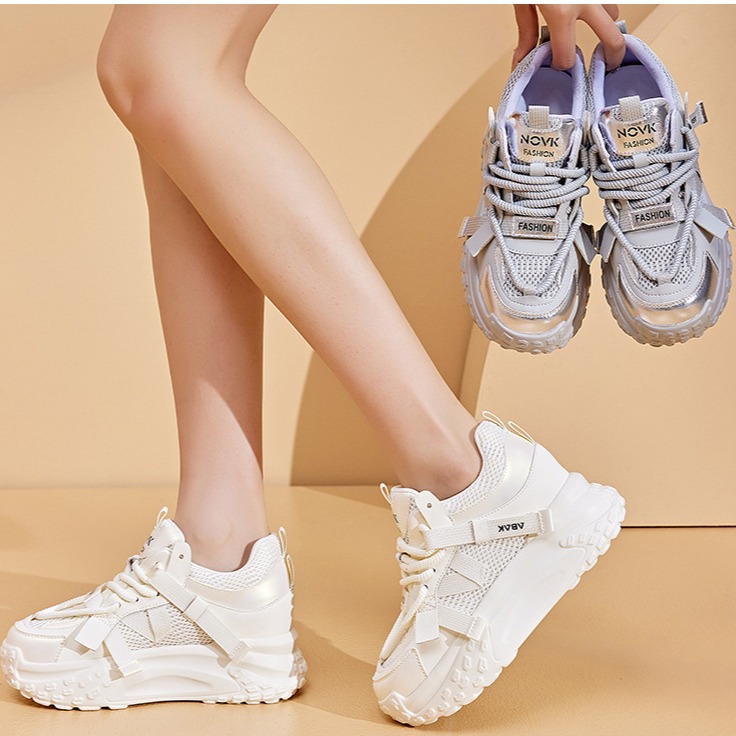 Fujin 7.5cm Air Mesh Genuine Leather Women Summer Shoes Platform Wedge Comfy Breathable Sneakers Chunky Hollow Women Fashion
