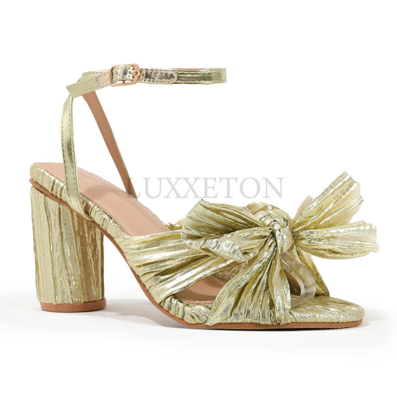 Fashion Summer Solid Sandals High Chunky Heels Open Toe Big Size 46 Butterfly Knot Elegant Weeding Party Women Shoes