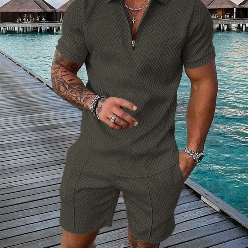 Summer Fashion Men 3D Printed Solid Color Polo Shirt And Shorts 2pcs Sets Zipper Tracksuit Set Oversized Tshirt Suits Clothing y240902
