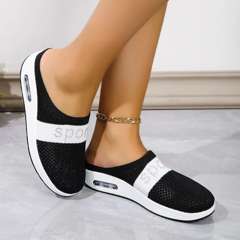 2024 New Women Mesh Flat Shoes Half Thick Bottem Slip on Casual New Sandals Breathable Slides Slippers d574 pers