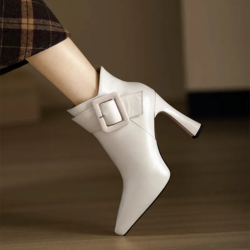 Sexy Pointed Toe Black High Heel Spring Winter PU Leather Zip Design for Women Elegant Belt Buckle Ankle Boots