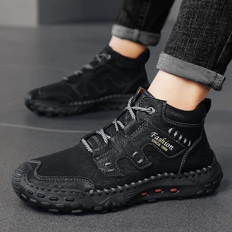 Microfiber Leather Outdoor Sports Non-slip High-top Hiking Shoes for Men Optional Plush Winter Ankle Boots Big Size33 f814