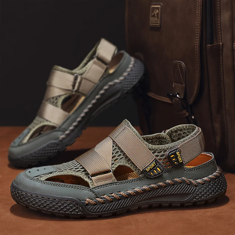 Breathable Men Shoes Hollow Out Sandals Men Handmade Outdoor Beach Close Toe Non Slip Flats Indoor Slippers Mesh Casual Shoes