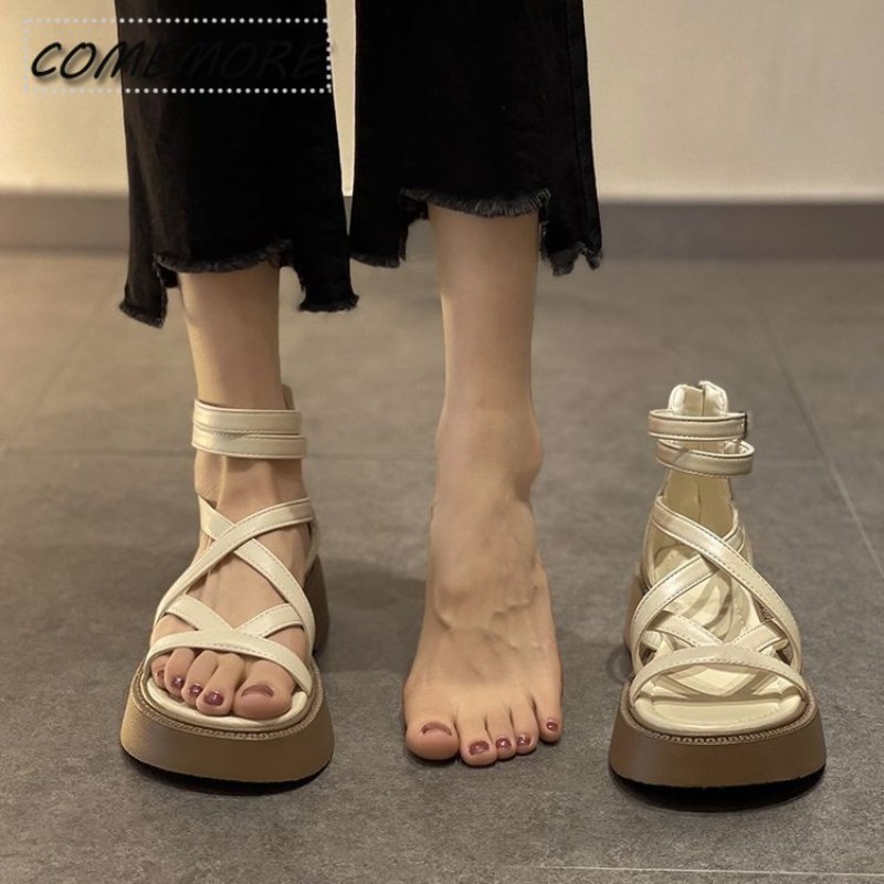 Women's Sandals Platform High-heeled Black Green Casual Shoes Hollow Out Female Roman Open Toe Buckle Strap PU Sandals 2024 New