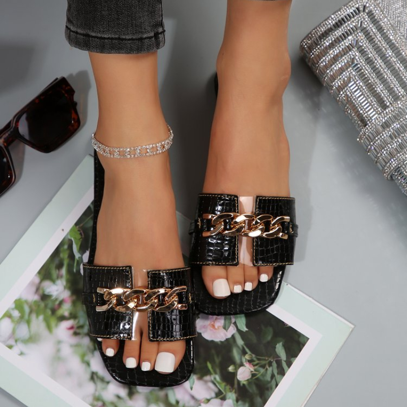 2025 new Sexy Fashion Chain Lock Solid Color Plus Size Summer New Roman Style Flat Outdoor Female Slippers Women Sandals 63b6