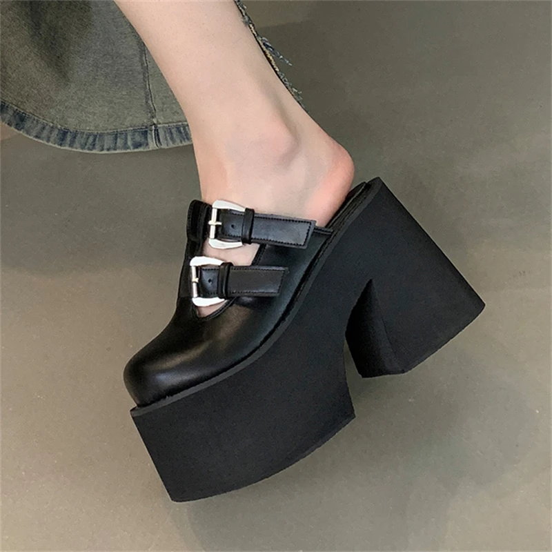 Eilyken Fashion Belt Button Narrow BandHigh Heels Women Slippers Sexy Trendy Chunky Platform Ladies Mule Pumps Shoes 4d53 251