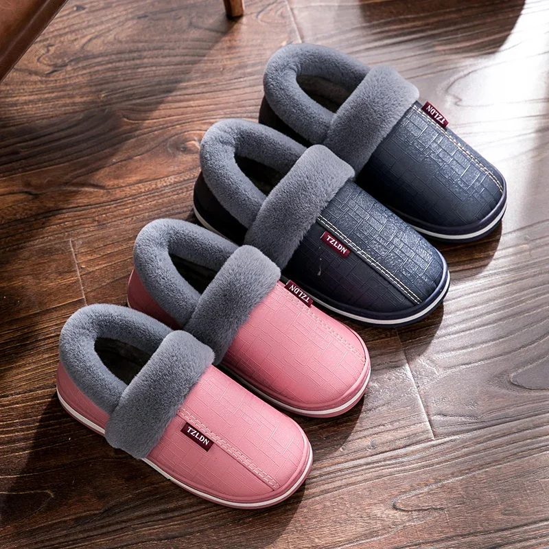 Cozy Winter PU Leather Slippers: Waterproof Non-Slip Plush Slides for Men & Women