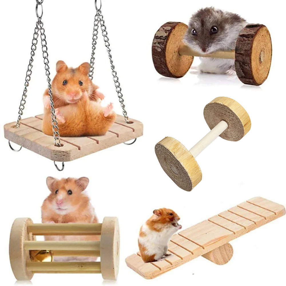 Cute Rabbit Roller Toys Natural Wooden Pine Dumbells Unicycle Bell Chew Toys for bird Guinea Pigs Rat Small Pet Molars Supplies