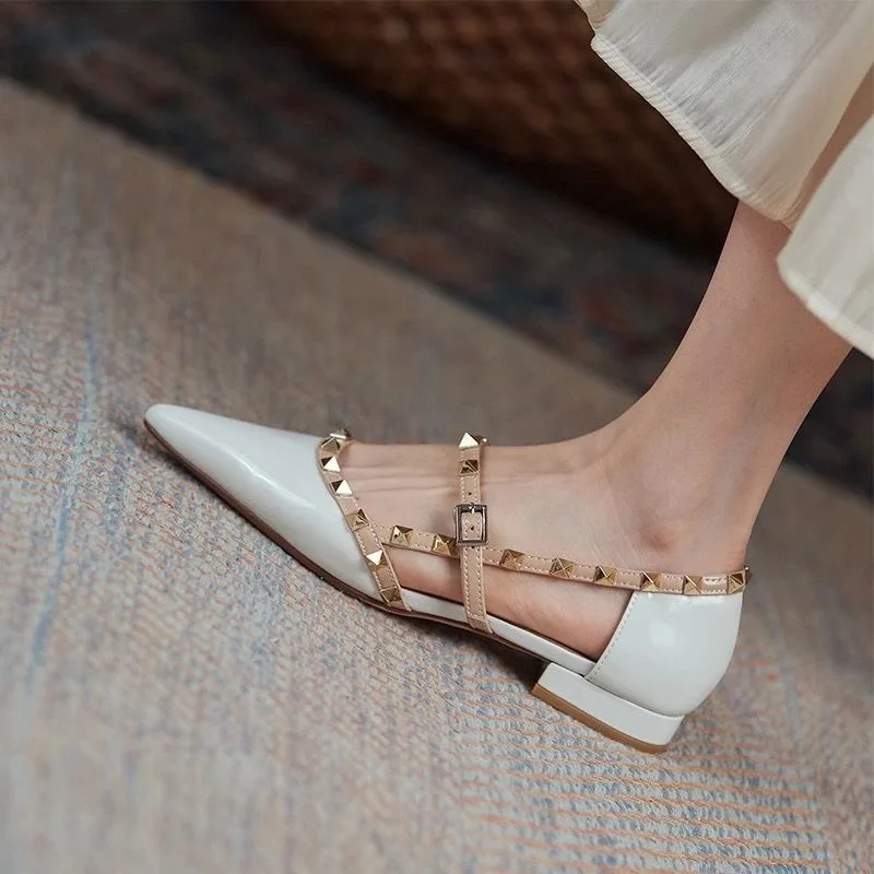Ankle Strap Cut Out D'orsy Studded Rockstud Patent Leather Rivet Flats T-Strap Buckle Walking Soft Women Shoes Travel Size 35-40