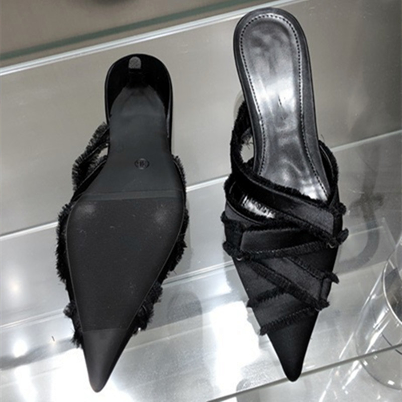 Sexy Denim Low Heel Slippers Women Summer Elegant Sandals Shallow Pointed Toe Mules Stripper High Heel Pumps Ladies Slide Shoe