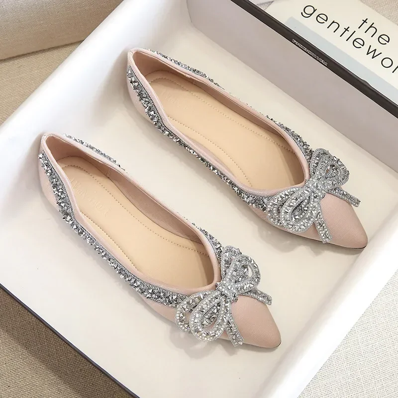 2025 NEW Flats Ballet for Women Fashion Rhies Bow Flat Footware Female Plus Size Moccasin Boat Shoes Chaussure Femme a