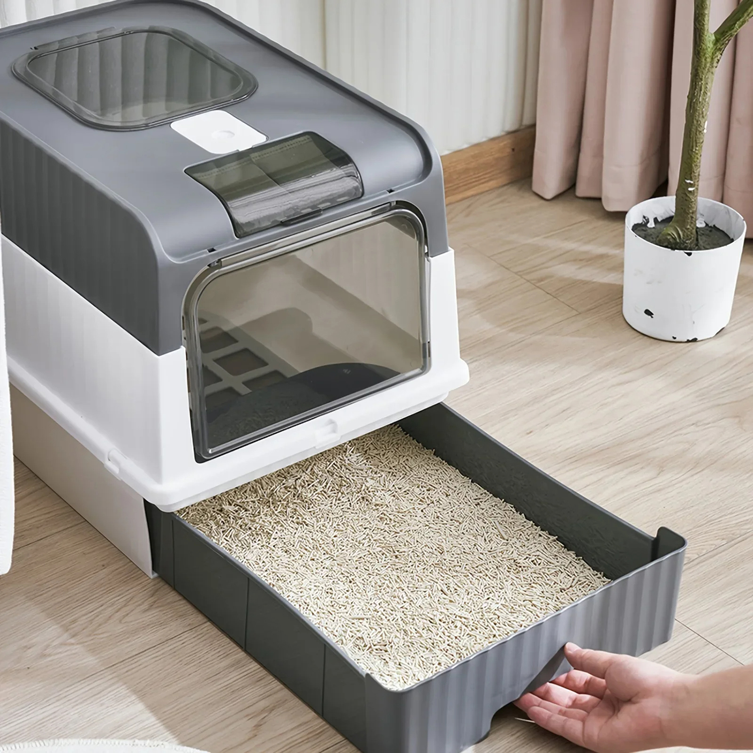Cat Litter Pan Fully Enclosed with UV Light Top-Out Splash-Proof Pet Litter Box and Scoop Set Sterilizing and Odor-Resistant