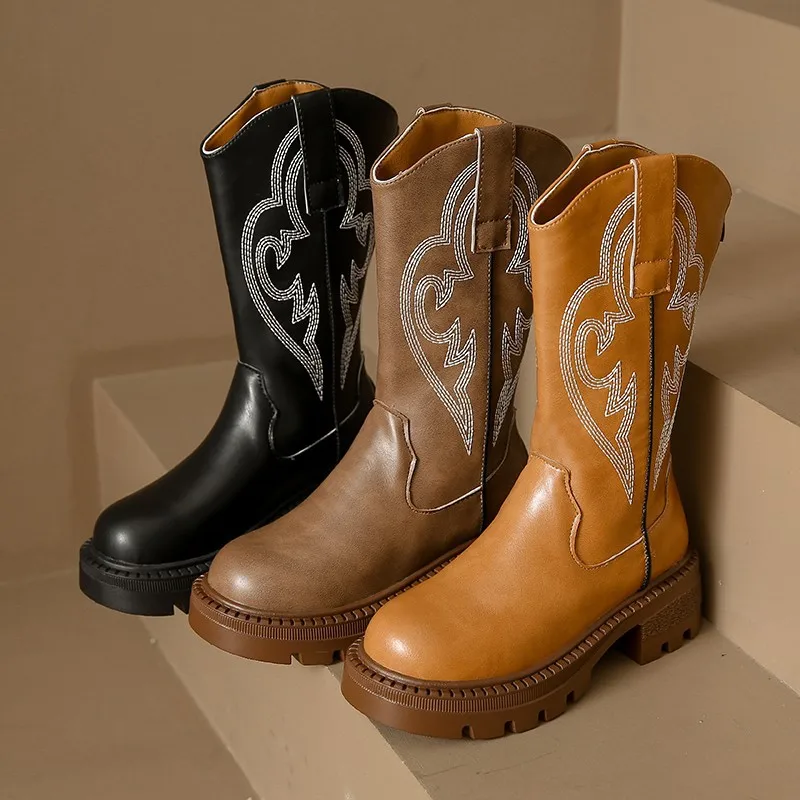 Embroidered Cowboy Boots for Women new round toe platform boots Retro Classic Western Cowgirl Boots Trendy Mid-Calf Boots 2024