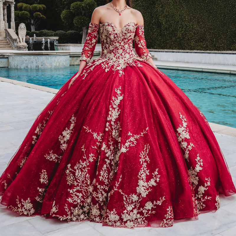 Red Shiny Princess Quinceanera Dresses Ball Gown Off The Shoulder Applique Lace Bow Tull Corset Sweet 16 Dress Vestidos 15 De XV Anos