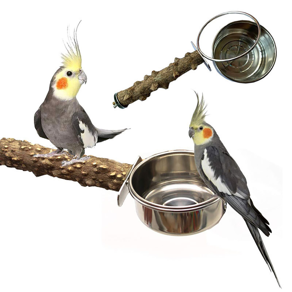 Bird Perch With Bird Feeding Cups Wood Parrot Platform Stand With Stainless Steel Food Water Bowl For Parrot Cockatiel Budgies