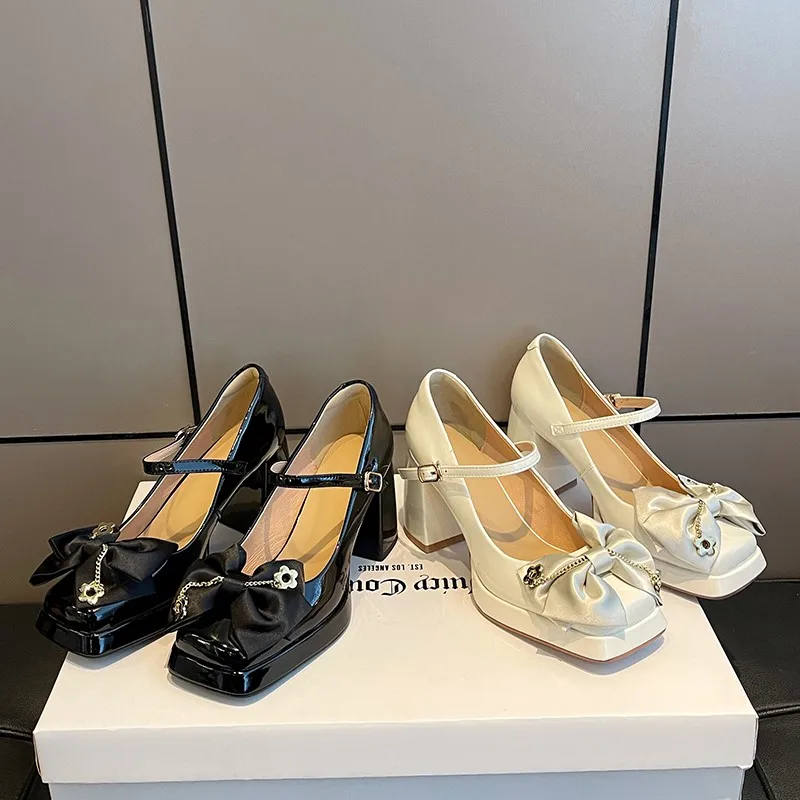 Women Shoes Summer New Fashion Satin Face High Heel Sandals Bow One Word Buckle Pointed Toe Thick Heel Women's Shoes